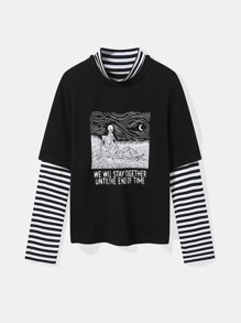 2 In 1 Striped Sleeve Slogan Skull Graphic Tee