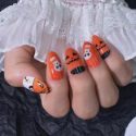 24pcs Halloween Pumpkin Print Fake Nail & 1pc Nail File & 1sheet Tape