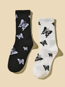 2pairs Butterfly Pattern Crew Socks