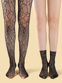 2pairs Cobweb Design Fishnet Tights & Fishnet Socks