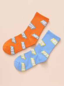 2pairs Guys Letter Graphic Crew Socks