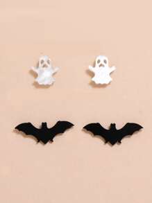 2pairs Halloween Ghost & Bat Stud Earrings