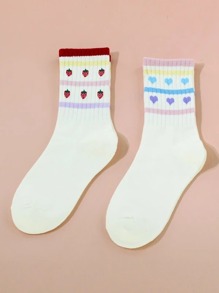 2pairs Heart & Strawberry Graphic Crew Socks