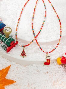 2pcs Christmas Tree Pendant Beaded Necklace