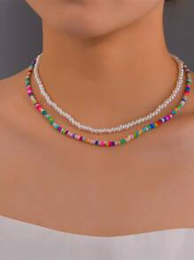 2pcs Faux Pearl Beaded Necklace