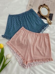 2pcs Frill Trim Polka Dot Print Sleep Shorts