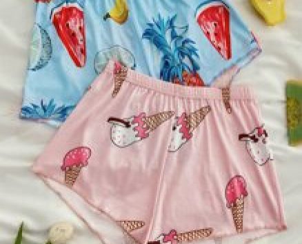 2pcs Fruit And Cartoon Graphic Sleep Shorts