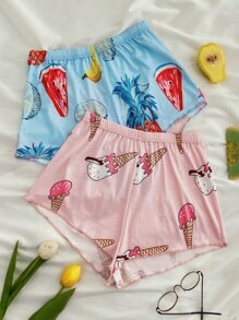 2pcs Fruit And Cartoon Graphic Sleep Shorts