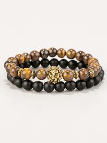 2pcs Guys Lion Head Decor Beaded Bracelet