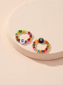 2pcs Letter Graphic Beaded Ring