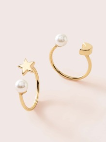 2pcs Pearl & Moon Decor Ring