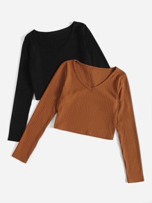 2pcs Solid Rib-Knit Tee