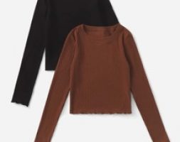 2pcs Solid Ribbed Crop Tee