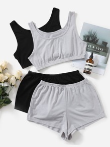 2sets Elastic Hem Tank Top & Shorts Lounge Set