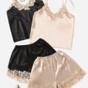 2sets Lace Trim Satin Cami Top & Shorts