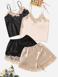 2sets Lace Trim Satin Cami Top & Shorts