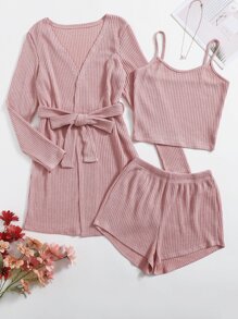 3 Pack Rib-knit Belted Robe Set