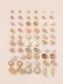 30pairs Flower & Faux Pearl Detail Stud Earrings