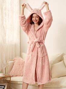 3D Ears Design Belted Hooded Teddy Bathrobe