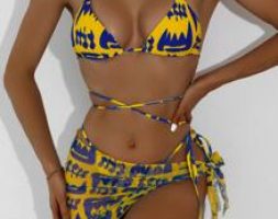 3pack Allover Print Bikini Swimsuit & Beach Skirt