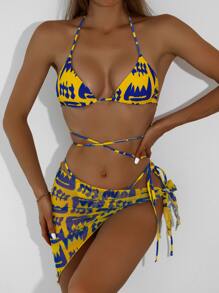 3pack Allover Print Bikini Swimsuit & Beach Skirt