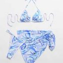 3pack Allover Print Triangle Bikini Swimsuit & Beach Skirt