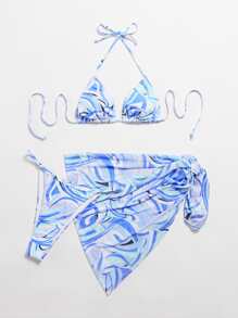 3pack Allover Print Triangle Bikini Swimsuit & Beach Skirt