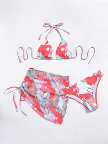 3pack Allover Print Triangle Bikini Swimsuit & Cover Up