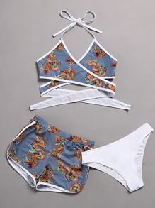 3pack Chinese Dragon Print Halter Bikini Swimsuit