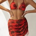 3pack Chinese Dragon Print Triangle Bikini Swimsuit & Beach Skirt