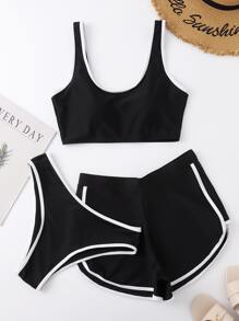 3pack Contrast Binding Bikini Swimsuit