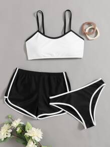 3pack Contrast Binding Shorts Bikini Swimsuit