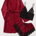 3pack Contrast Lace Lingerie Set With Satin Belted Robe