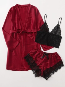 3pack Contrast Lace Lingerie Set With Satin Belted Robe