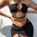 3pack Criss Cross Halter Bikini Swimsuit & Beach Skirt