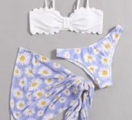 3pack Daisy Scallop Trim Bikini Swimsuit & Skirt
