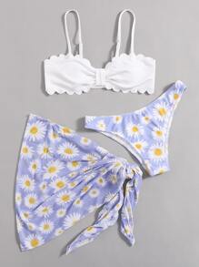 3pack Daisy Scallop Trim Bikini Swimsuit & Skirt