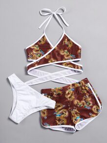 3pack Dragon Print Bikini Swimsuit