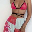 3pack Fire Print Triangle Bikini Swimsuit & Shorts