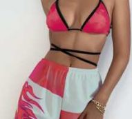 3pack Fire Print Triangle Bikini Swimsuit & Shorts