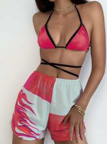 3pack Fire Print Triangle Bikini Swimsuit & Shorts