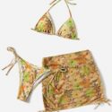 3pack Floral Print Halter Triangle Bikini Swimsuit & Beach Skirt