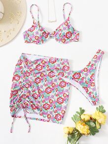 3pack Floral Underwire Bikini Swimsuit & Drawstring Skirt