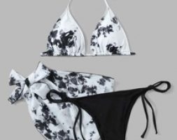 3pack Graphic Bikini Swimsuit With Beach Skirt
