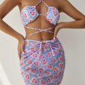 3pack Heart Pattern Cross Neck Bikini Swimsuit & Beach Skirt