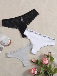 3pack Lace Letter Tape Panty Set