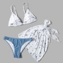 3pack Marble Print Triangle Bikini Swimsuit & Beach Skirt