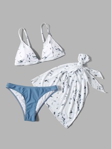 3pack Marble Print Triangle Bikini Swimsuit & Beach Skirt