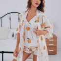 3pack Orange and Letter Print Top & Shorts & Robe Set