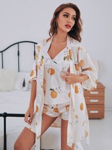 3pack Orange and Letter Print Top & Shorts & Robe Set